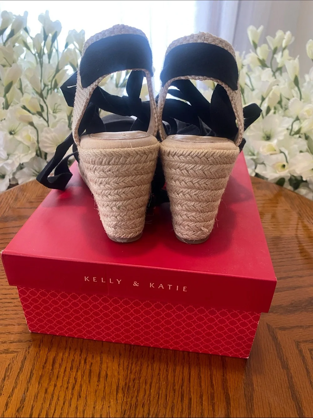 Kelly & Katie Black Espadrille Wedge Tie-Up Sandals